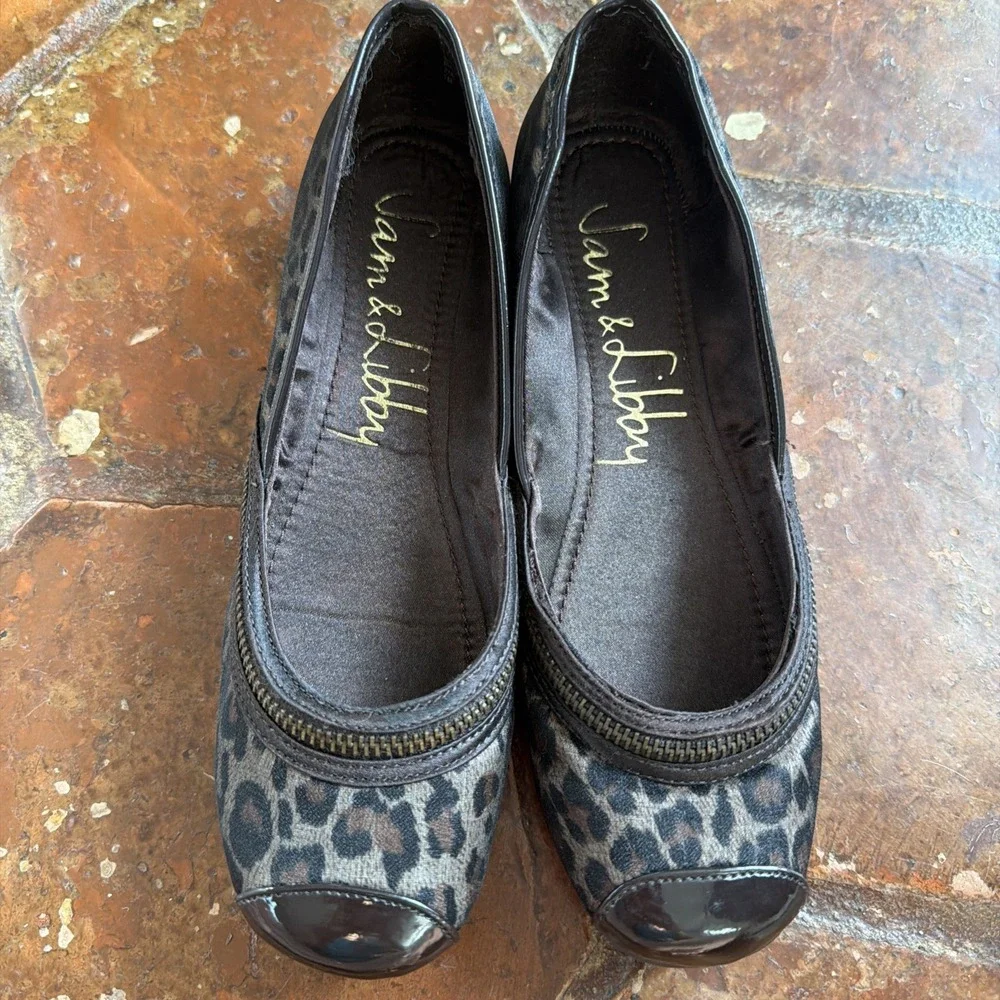 Sam & Libby Leopard W/ Zipper Accent Ballet Flat Slip On Women's Size 7 M